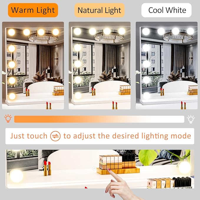 Gvnkvn 18 Extra Bulbs Vanity Mirror with Lights with USB & Type-C Charing, 32WX24L Tabletop Hollyhood Makeup Mirror, Lighted Vanity Mirror,3 Colors Modes,Touch Control,Metal Frame,White