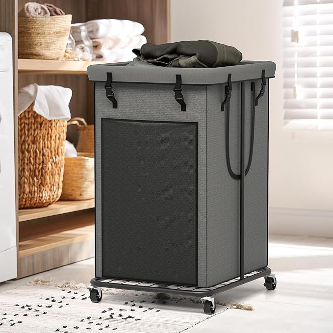 YKDIRECT 150L Large Laundry Hampers, Oxford Fabric Laundry Hampers Clothes Hampers, Metal Frame and Removable Bag Design with Wheels, Suitable for Bedroom, Bathroom, Dorm Room, Laundry Room (Grey)