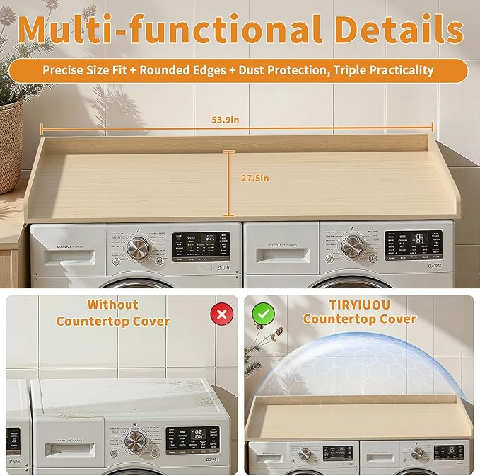 Laundry Washer Dryer Countertop: 54" x 27.5" Wood Washer Dryer Topper with 180lbs Capacity, Waterproof MDF for LG Samsung Front Load Washer and Dryer, Non-Slip Laundry Room Organization Table
