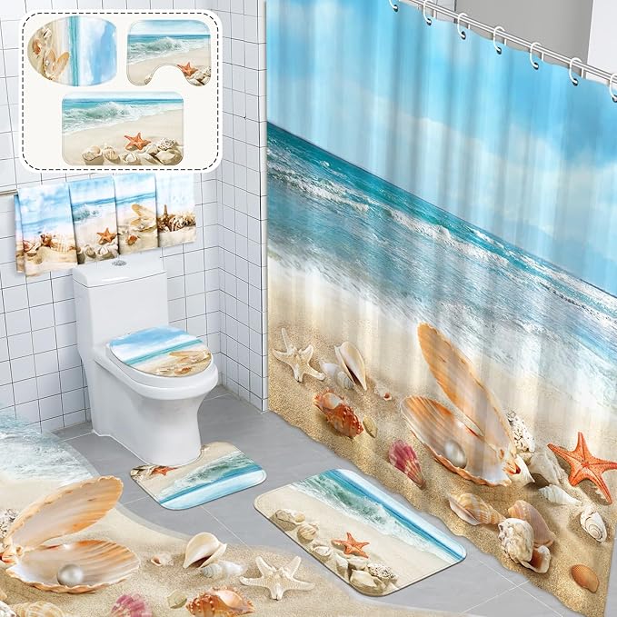 FuWeave 8 Pcs Summer Beach Shower Curtain Set Bathroom Decor Sea Ocean Waterproof Bathroom Accessories Shower Curtain Sets with Towels Carpet Bath Mat Toilet Rugs and 12 Hooks