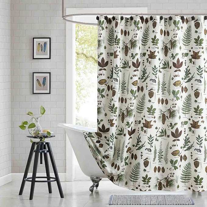 Extra Long Fabric Shower Curtain, Brown and Green Natural Botanical Leaf Pinecone Print Shower Curtains for Bathroom, 72" W x 84" H