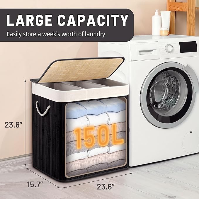 Aliphon 150L Laundry Hamper with lid, 3-Section Clothes Laundry Basket with Handles, Large Collapsible Bamboo Baskets for Bedroom, Bathroom, Dorm, Ink Black