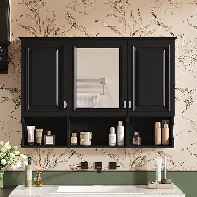 Merax Bathroom Wall Cabinet with Mirror, Wall Mounted Medicine Cabinet with Adjustable Shelves and Open Spaces, 41" x 28" Mirrored Door Over The Toilet Bathroom Storage Cabinet