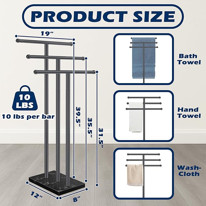 Standing Towel Rack with Marble Base, 3-Tier Free Standing Towel Racks for Bathroom, 40" Height Floor Towel Stand Holder for Bathroom, Black