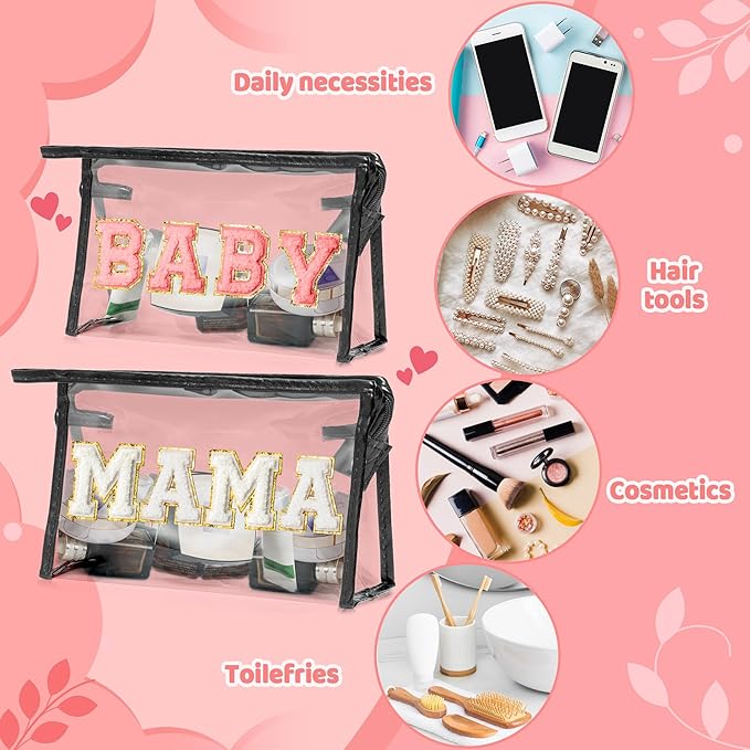 CY2SIDE MAMA Baby Bag Set - 2PCS Clear MAMA Letter Patch Makeup Bag with Handle for Travel Cosmetic Pouch for Toiletries Waterproof Travel Organizer Baby Reveal Gift Mothers Day Gift Black