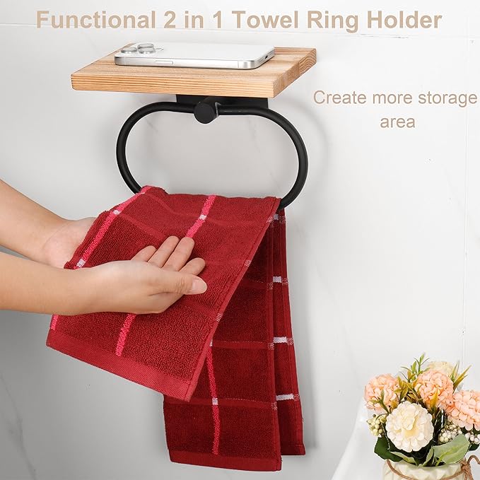 TocTen Hand Towel Holder for Bathroom Wall Mount Towel Ring with Wooden Shelf, Premium Metal Hand Towel Rack, Bathroom Accessories Rustic Hand Towel Hanger for Bathroom Kitchen RV(Matte Black)