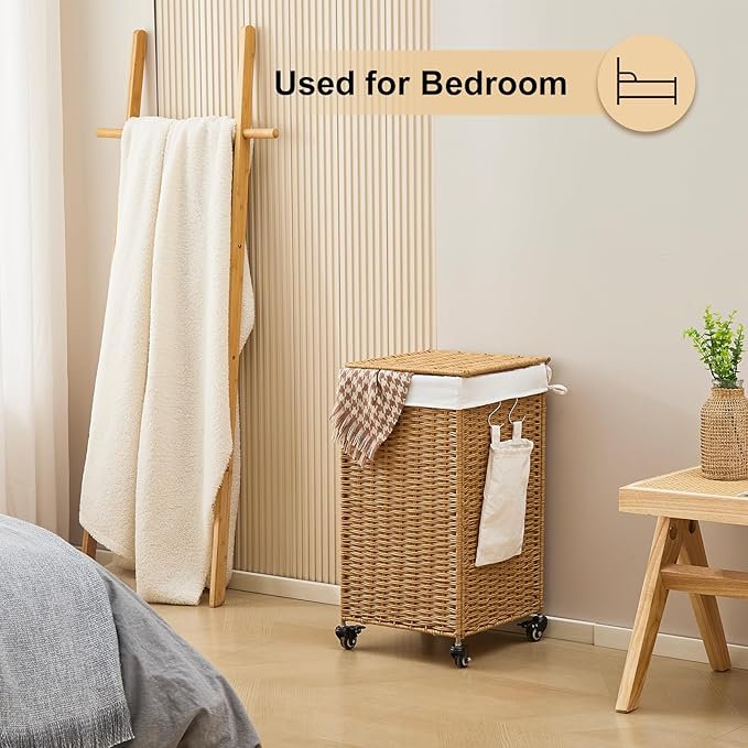 Handwoven Hamper with Lid, Laundry Basket with Wheels, Machine Washable Liner, Clothes Hamper for Bathroom Laundry Room Bedroom(Rattan, 78L)