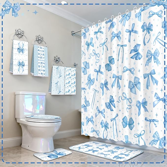 FuWeave 8 Pcs Blue Shower Curtain Set Coquette Blue Bathroom Decor Aesthetic Bow Knot Waterproof Shower Curtain Towels Non Slip Rug Toilet Lid Cover Bath Mat with 12 Hooks for Women Home Bath
