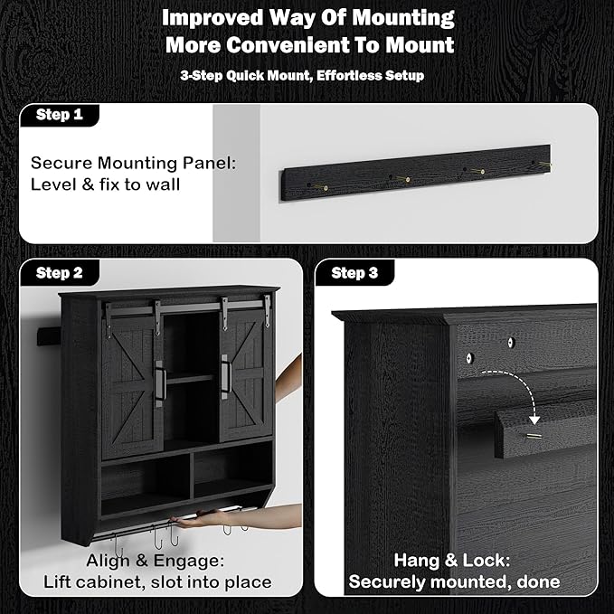 RUSTOWN Farmhouse Bathroom Wall Cabinet,3-Tier Rustic Wood Wall Mounted Cabinets,Vintage Medicine Cabinet with Sliding Barn Door and Adjustable Shelves,Over The Toilet Storage Cabinet (Black)