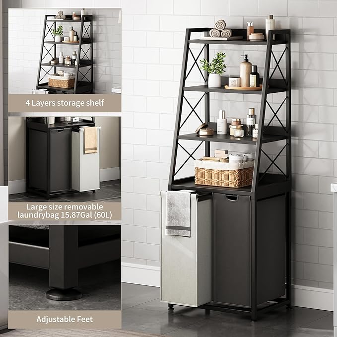 Herture Laundry Basket, 2 Section Laundry Hamper with 4 Tiers Shelf, Pull-Out and Removable Laundry Bags, Large 2 x 15.87 Gallons, for Bedroom Bathroom Black PF11XLK