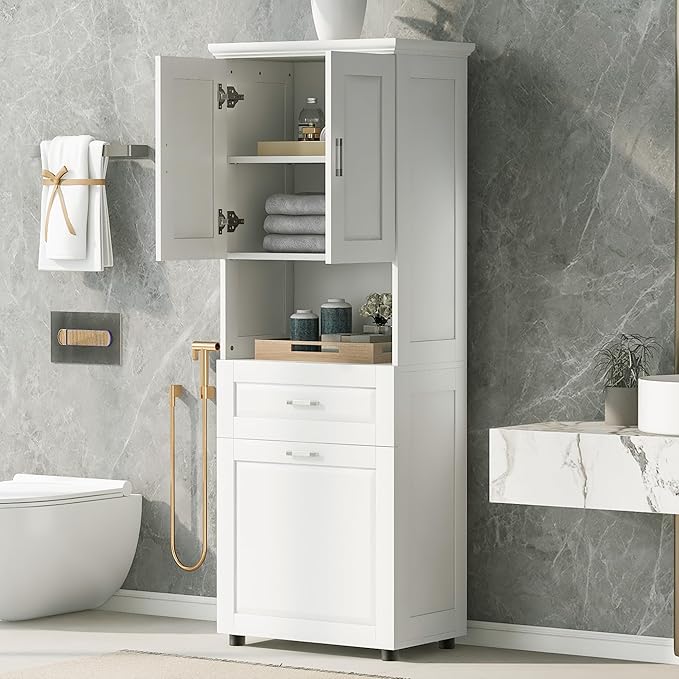 Virubi Laundry Cabinet with Tilt Out Laundry Hamper and Drawer, Wood Tall Bathroom Storage Cabinet with Doors and Adjustable Shelves, Freestanding