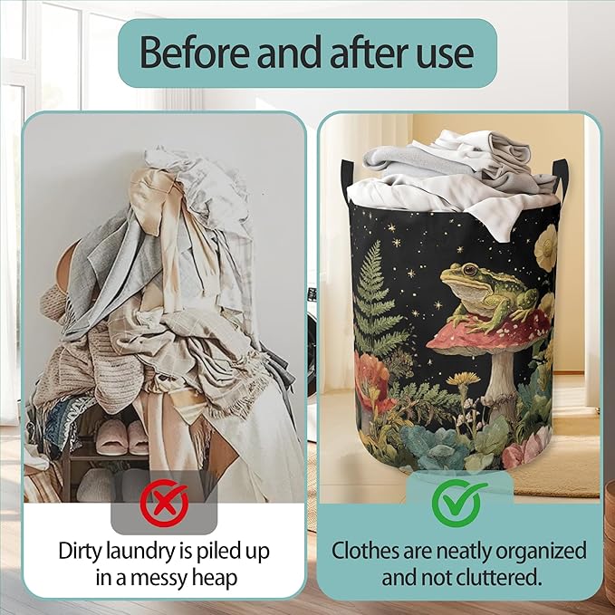 Starry Sky Frog Mushroom Round Laundry Basket Collapsible Laundry Hamper with Handles Toys Clothes Organizer Bin For Home Bathroom Bedroom Dorm Nursery
