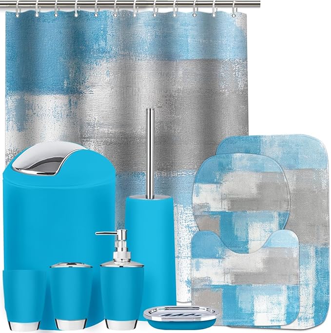 Lnond Blue Bathroom Set, 23-Piece Blue Grey Abstract Bathroom Decor Set with with Shower Curtain and Rugs, Trash Can, Toilet Brush Holder Set & Soap Dispenser
