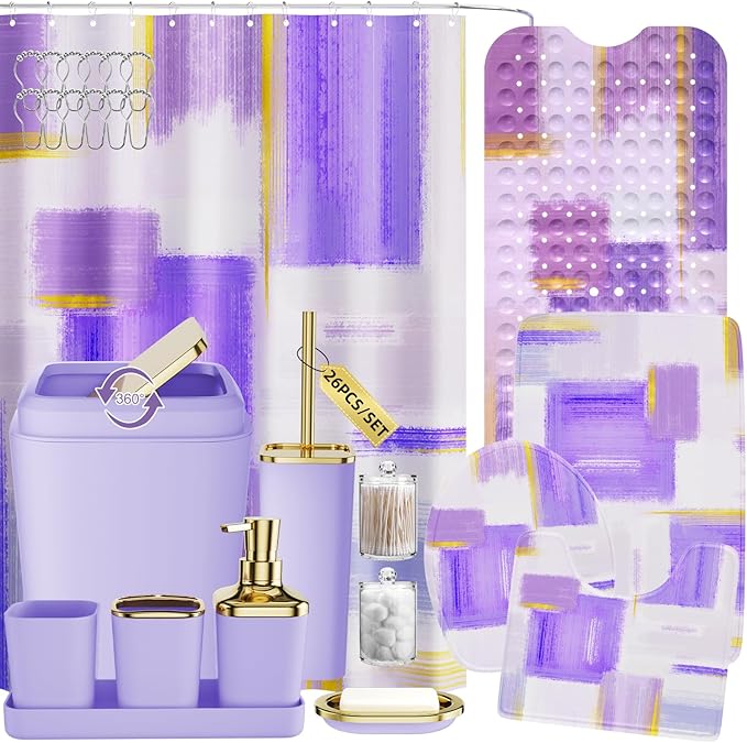 XLHOMO Bathroom Accessories Set - 26PCS Purple Bathroom Set, Bathroom Accessory Set with Shower Curtain and Rugs and Bathtub Mats for Home