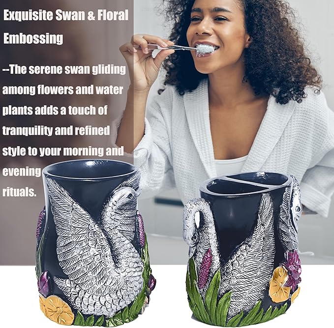 LUANT Bathroom Decor Accessories Set,4 PCS Including Soap Dispenser, Toothbrush Holder, Soap Dish and Tumbler, Decorated with Black Swan