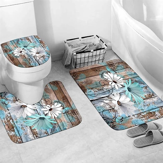 AZHM Farmhouse Flower Floral Shower Curtain Set 4pcs Rustic Teal Turquoise Daisy Bathroom Accessory Set with Rugs and 12 Hooks