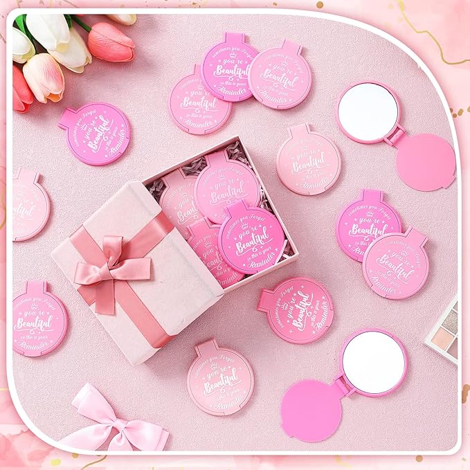 100 Pcs 2.76 Inch Inspirational Compact Mirror Bulk Women Small Gifts Graduation Party Favors Purse Mirror Pocket Mini Stuffer Items for Adult Coworker Cheerleader Employee (Pink Series)
