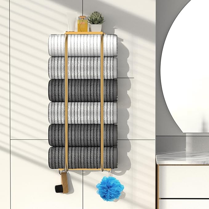 Towel Racks for Bathroom, Elegant Curved Bathroom Towel Storage Wall Mounted 30 inch with Shelf Can Holds 6 Large Towels, Wall Towel Rack for Rolled Towels, Gold