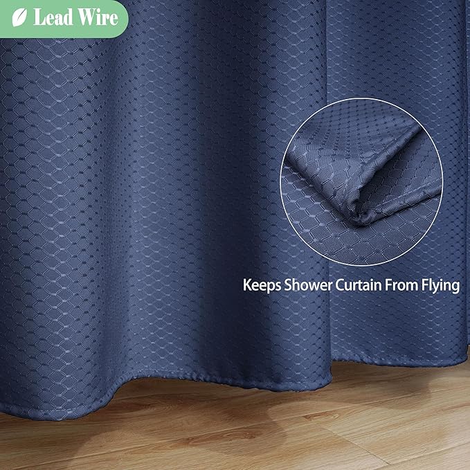 UFRIDAY Waffle Weave Fabric 74 inch Long Shower Curtain with Mesh Window, Heavy Duty Decorative Bathroom Curtain with White Pique Pattern, Spa-Like Hotel Luxury, Water-Repellent,71x 74Inches,Navy Blue