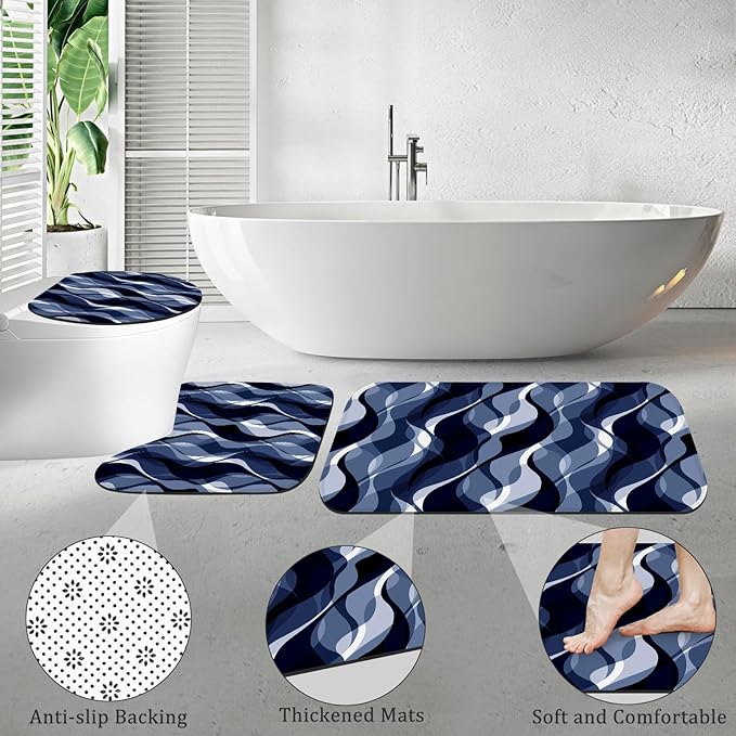 4PCS Navy Blue Bathroom Sets with Shower Curtain and Rugs, Abstract Striped Shower Curtain Sets with Rugs, Modern Luxury Bathroom Curtains Shower Set Accessories