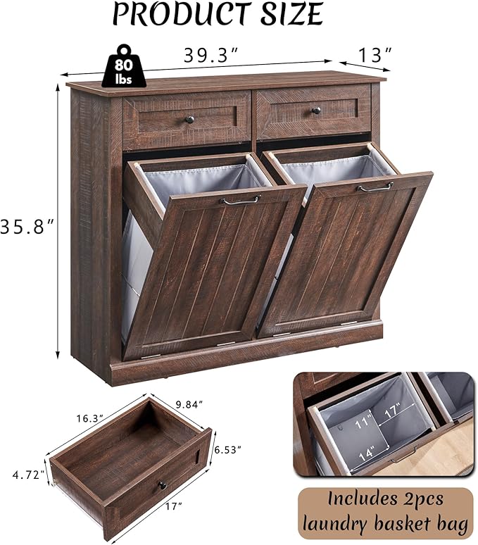IFBUY Double Tilt Out Laundry Hamper Cabinet, 20 Gallon Farmhouse Trash Can Cabinet with Drawer, Hidden Wood Garbage Can Bin Cabinet with Laundry Storage Basket for Bathroom, Kitchen, Brown