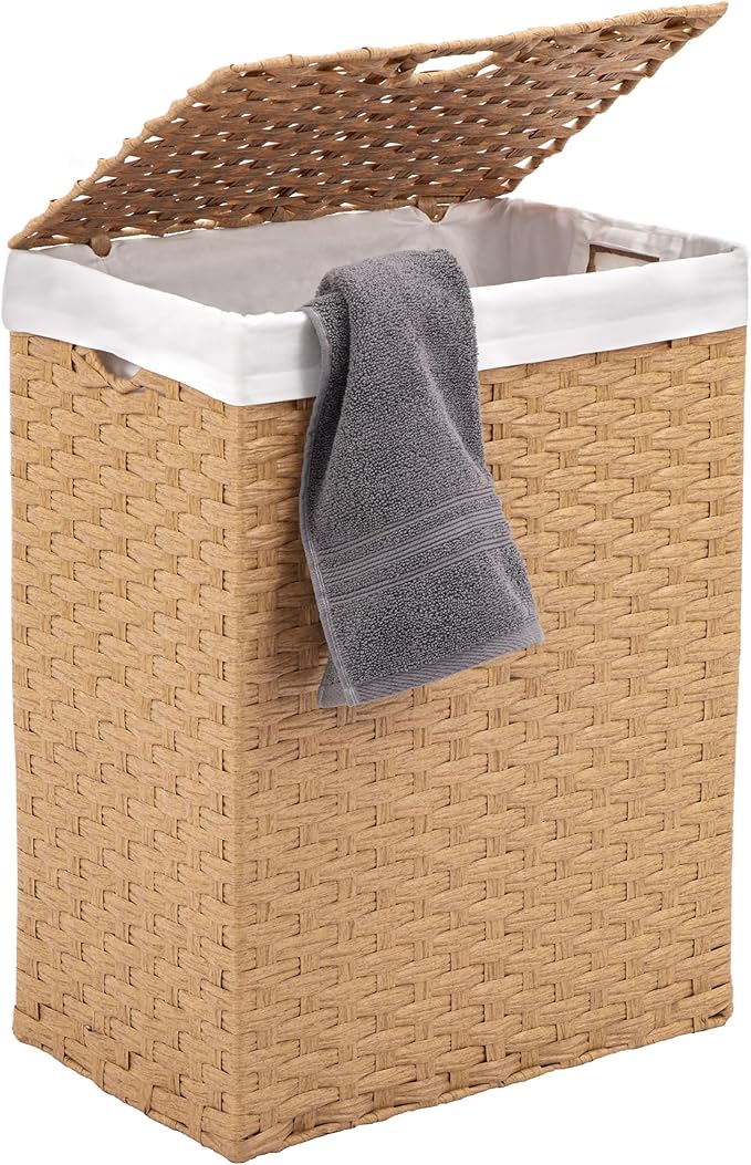 Seville Classics Premium Handwoven Portable Laundry Bin Basket with Carrying Handles, Household Storage for Clothes, Linens, Sheets, Tan, Rectangular Hamper