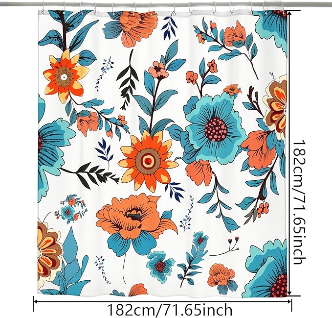HMS Happy Memories Bohemian Plant Boho Floral Print Shower Curtain, Polyester Fabric Cloth for Bathroom Decor 72×72 Inch Standard Size with 12 Hooks, Also as Room Divider (Blue Red Flower)