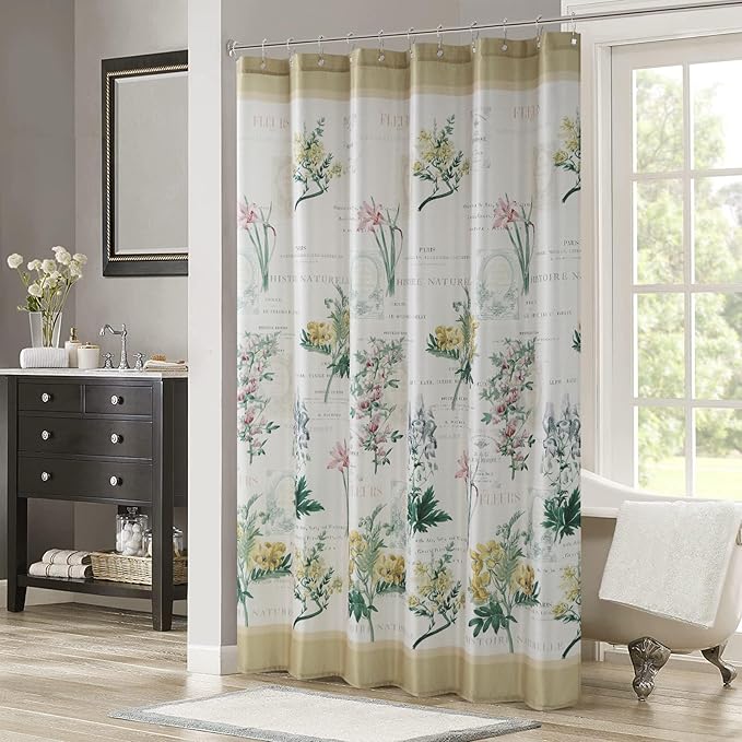 Extra Long Fabric Shower Curtain, Country Vintage Floral Shower Curtain, Gold and Green Flower Shower Curtains for Bathroom, Waterproof Bathroom Curtains, 72" W x 84" H