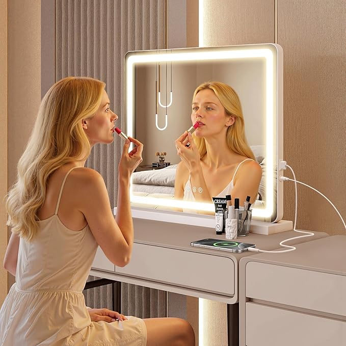 OLIXIS 19"x22" Lighted Vanity Mirror with Lights, Dimmable 3 Color Modes Makeup Mirror with Memory Function, USB Charging, Aluminum Frame, Lighted Mirror for Desk or Bedroom
