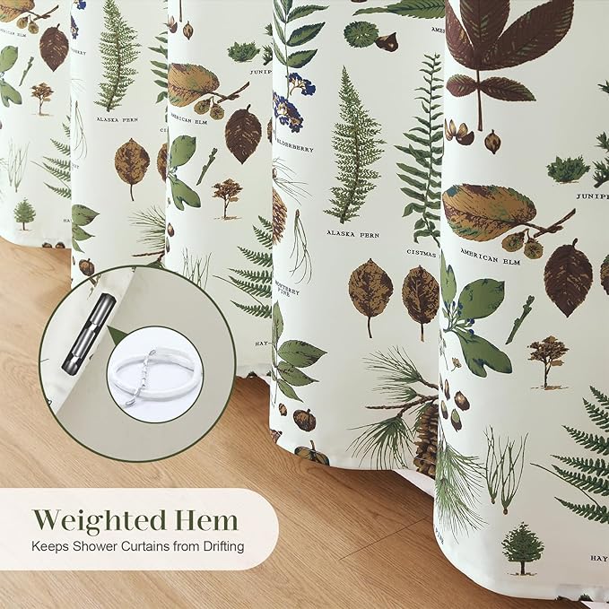 Green Brown Beige Pinecone Shower Curtain, Boho Pine Cones Leaf Plant Fabric Shower Curtain, Waterproof Rustic Cabin Decorative Botanical Bathroom Curtains, 72" W x 72" H