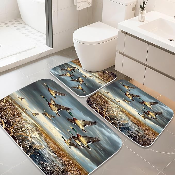 Rustic Wild Ducks Hunting FlyingBathroom Sets with Shower Curtain and 20 x 31 Rugs Bathroom Accessories Sets Decor with Bath Rug, Bath Mat, U-Shaped Contour and Hooks 72 x 72 Inch Brown and Teal