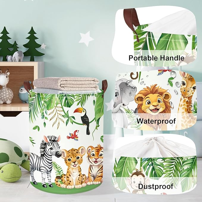 Jungle Animals Laundry Hamper Large Storage Basket Cartoon Wild Zoo Collapsible Parents Organizer Kids Toy Clothes Bins for Bedroom, Bathroom, Lion, 63L