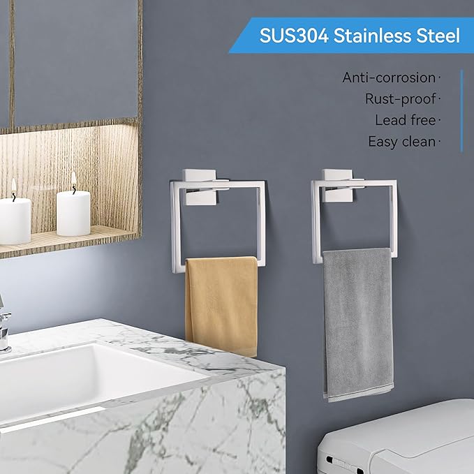 LANC Hand Towel Holder for Bathroom Wall Mount Chrome Silver 2-Piece Square Hand Towel Rings for Bath Kitchen Toilet SUS304 Stainless Steel Contemporary Style Shower Towel Towel Rack, A8896CP-P2