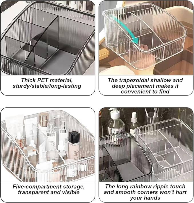 Plastic Makeup Organizer, Clear Plastic Makeup Organizer, 5 Compartment Cosmetic, 7x7x4 Inch Holder for Bedroom Vanity