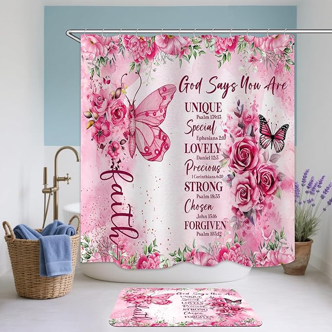 4 Pcs Pink Butterfly Inspirational Quotes Shower Curtain Set with Rugs, Toilet Lid Cover and Bath Mat, Bible Verse Floral Bathroom Decor Set Accessories, Colorful Boho Shower Curtain with 12 Hooks