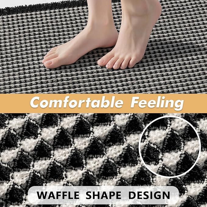 MIULEE Set of 2 Waffle Bathroom Rugs, Boho Bath Rugs Non Slip Washable, Super Absorbent Bath Mats, Ultra Soft Rubber Backed Shower Mats for Bathroom Floor, Tub, Black & Cream, 17"x24"+18"x30"