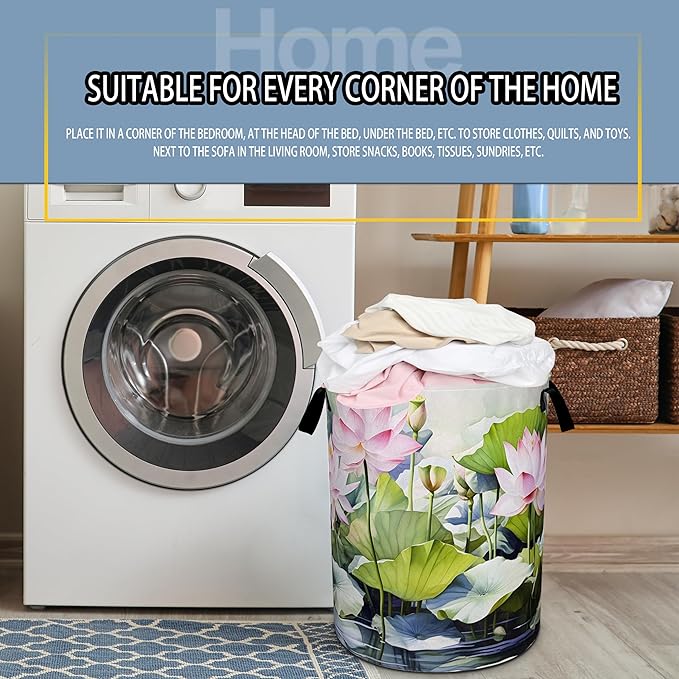 NUTAINLA Lotus Laundry Basket Beautiful Flowers Foldable Oxford Cloth Funny Tote Bag Laundry Hamper Clothes Storage Bucket Toy Organizer For Bathroom/Laundry Storage/Bedroom 18.9x16.5 Inch