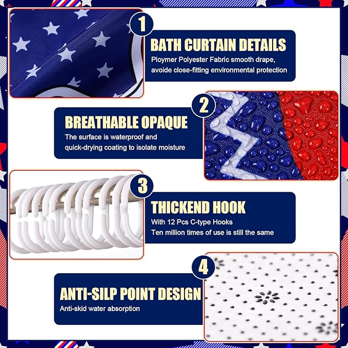 Nuanchu 6 Pcs Patriotic Shower Curtain Set with Rug 4th of July Star Bathroom Sets with Shower Curtain Bath Mat U Shaped Mat Toilet Lid Cover 2 Bath Towels and 12 Hooks Independence Day Bathroom Decor