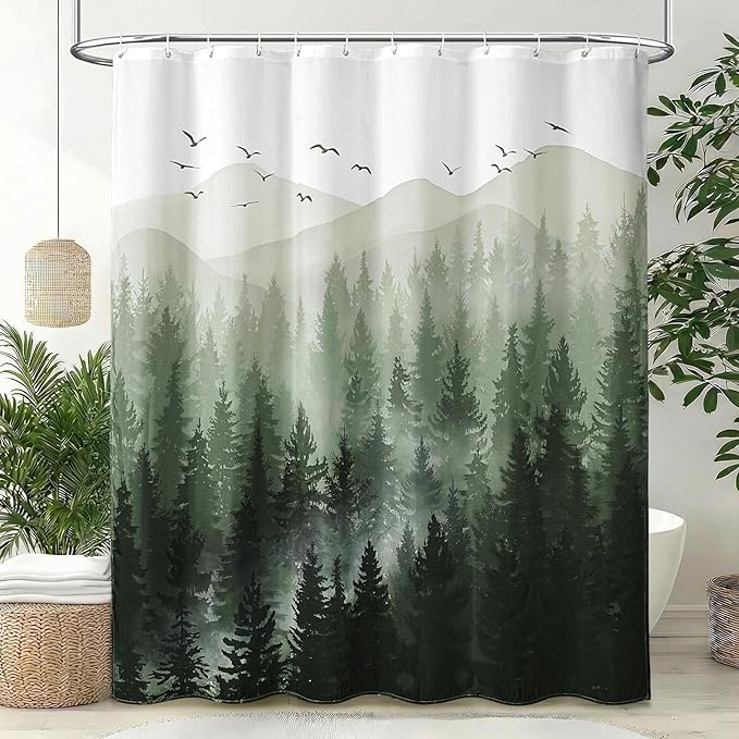 Green Forest Rustic Shower Curtain, Nature Mountain Tree Shower Curtains for Bathroom with 3D Bamboo Texture, 72 x 72