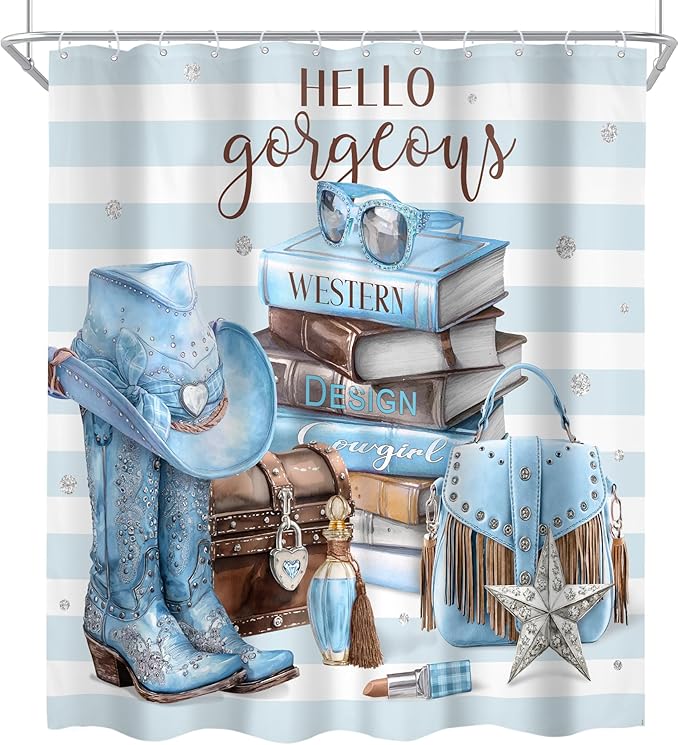 Cinbloo 4Pcs White Blue Brown Shower Curtain Set, Western Cowgirl Fashion Diamond Boots Striped Hats Bathroom Curtain with Rug, Toilet Lid Cover, Bath Mat, Women Girls Shower Curtain with 12 Hooks
