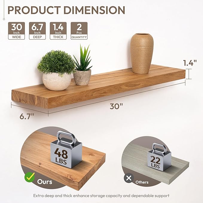 Marsmiles 30 inch Floating Shelves for Wall Solid Elm Wood Shelves|Rustic Wall Shelves with Invisible Heavy-Duty Bracket for Bathroom Living Room Kitchen|Natural, 2 Pack