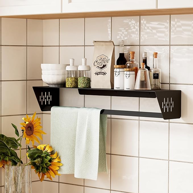 Qeke Bathroom Lavatory Towel Rack, Wall Mount Towel Holder Towel Hanger Shelf with Towel Bar, SUS 304 Stainless Steel Towel Rack for Bathroom and Lavatory, Matte Black, 24 Inch