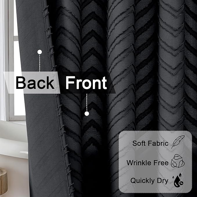 OVZME Black Boho Bathroom Shower Curtain 72 Inch Length, Tufted Chevron Striped Textured Cloth, Modern Farmhouse Washable Shower Curtain for Bathroom Hotel, 72Wx72L Inches