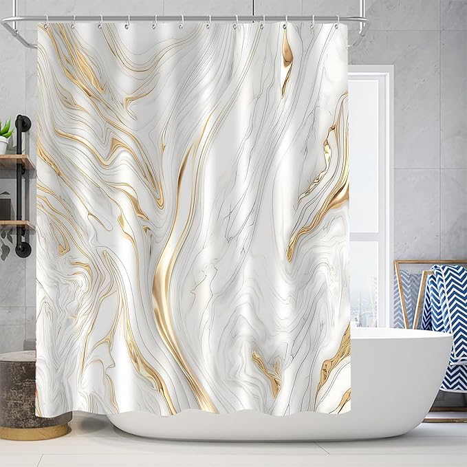 Nkzply 4 Pcs White Marble Shower Curtain Set Gold Bathroom Sets with Shower Curtain and Rugs Modern Abstract Bathroom Decor Accessories Bathroom Rugs Toilet Lid Cover with Hooks