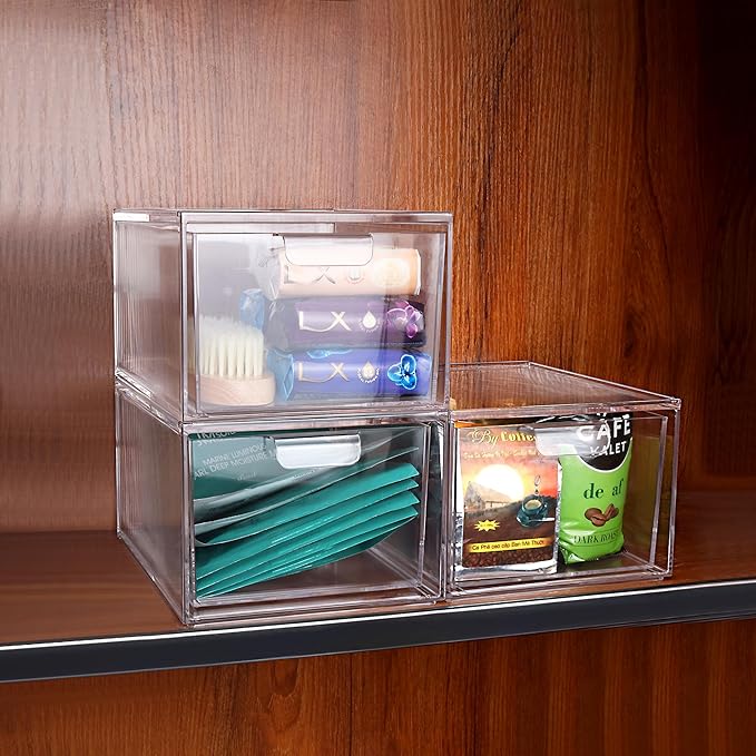 Yes!Fresh Drawer Organizer Stackable Cosmetic Desk Organizer with Removable Interior Partitions for Vanity Organization and Storage,Clear Bathroom Organizer (4)