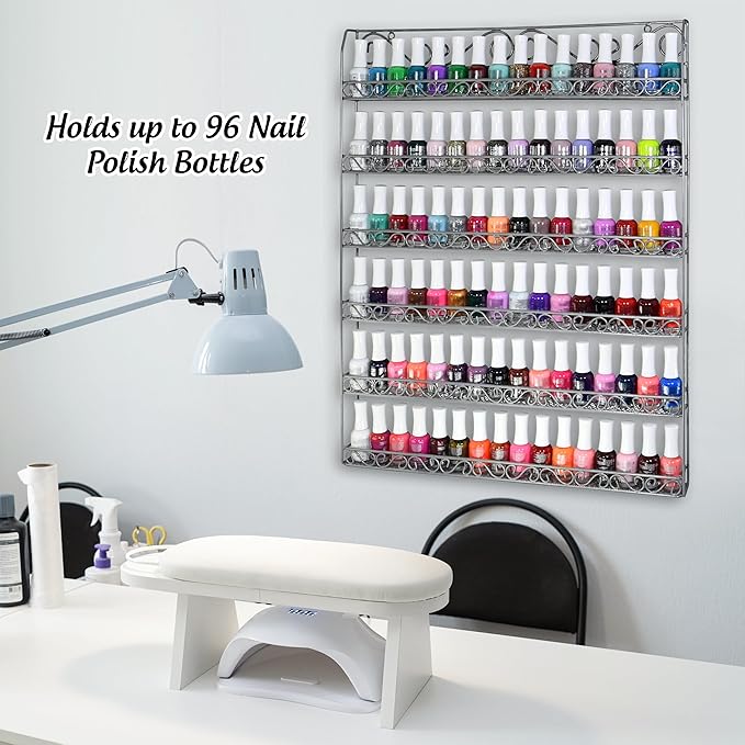 AMT Metal Nail Polish Racks for The Wall | Clear Nail Polish Display | Essential Oils Organizer | Holds up to 108 Bottles (Silver)