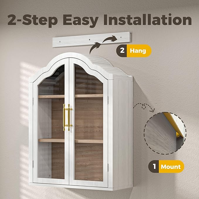 Furnaza White Arched Wall Mounted Cabinet, Display Medicine Cabinets with Tempered Glass Doors and Adjustable Shelf for Bathroom,Kitchen,Living Room