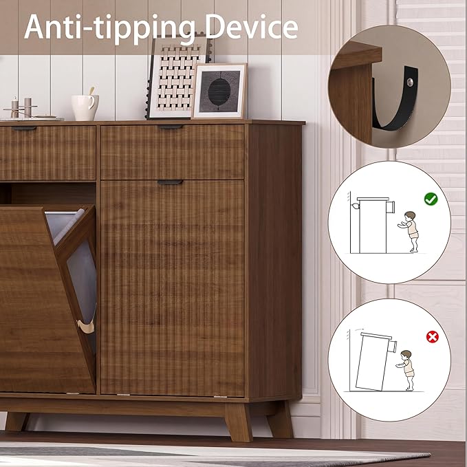 Wodeer Double Tilt Out Laundry Hamper Cabinet with 2 Drawers & Baskets, 20 Gallon Fluted Hidden Trash Can Cabinet, Farmhouse Wood Laundry Storage Cabinets for Bathroom, Kitchen, Walnut