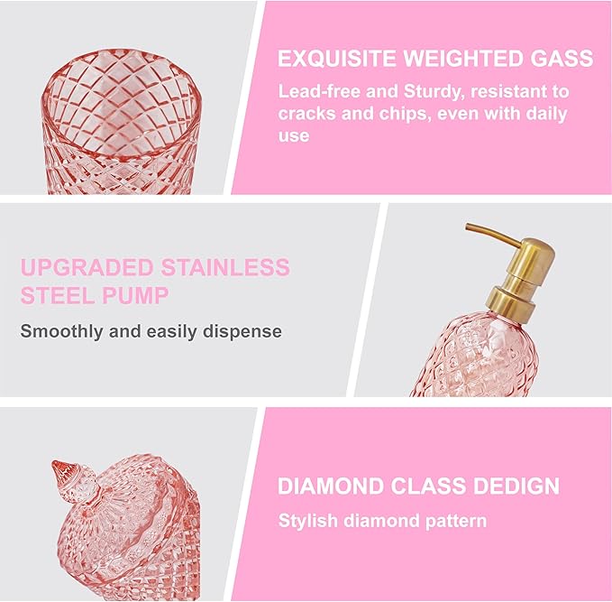 LaMarriti Pink Bathroom Accessories Set, 4Pcs Clear Glass Bathroom Sets, Lotion Soap Dispenser, Toothbrush Holder Set, Soap Dish, Qtip Holder for Crystal Glass Vintage Bath Decor, Valentine Gift Set