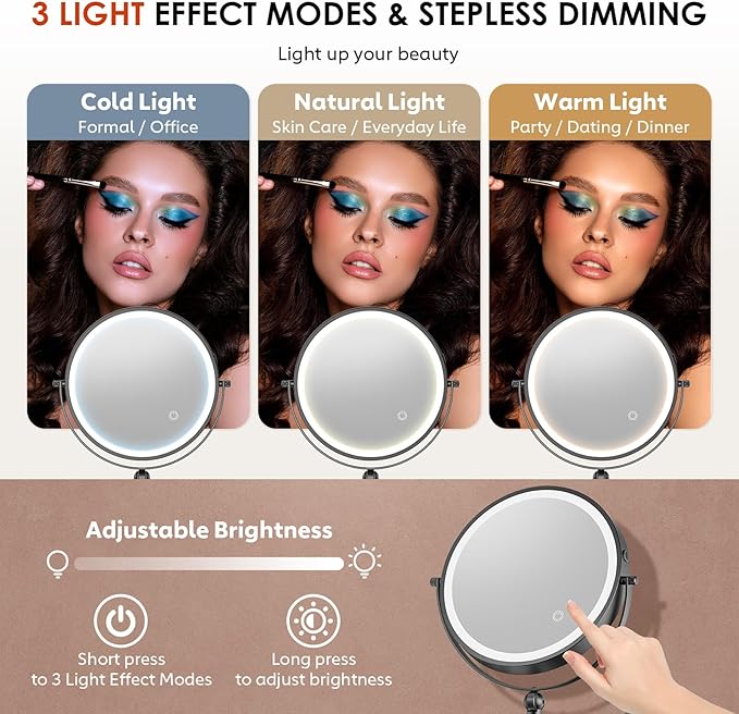 ZLOKLA 9" Wall Mounted Lighted Makeup Mirror,4000mAh Rechargeable Double Sided 1X/30X Magnifying Mirror with Light,Touch Dimmable,Extended Arm 360 Rotation Wall Mounted Makeup Mirror 3 Color Lights